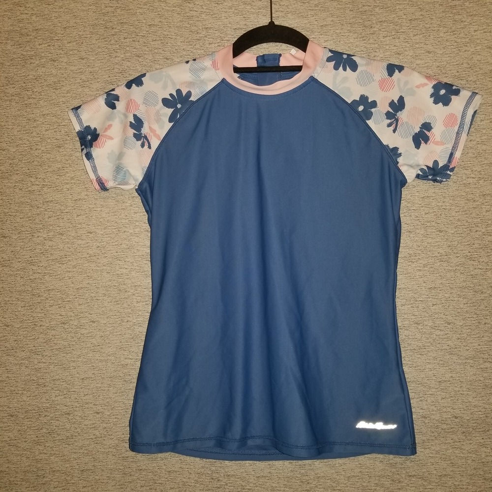 Eddie Bauer Rashguard Swimsuit Top Large Girls 14/16 Floral Blue